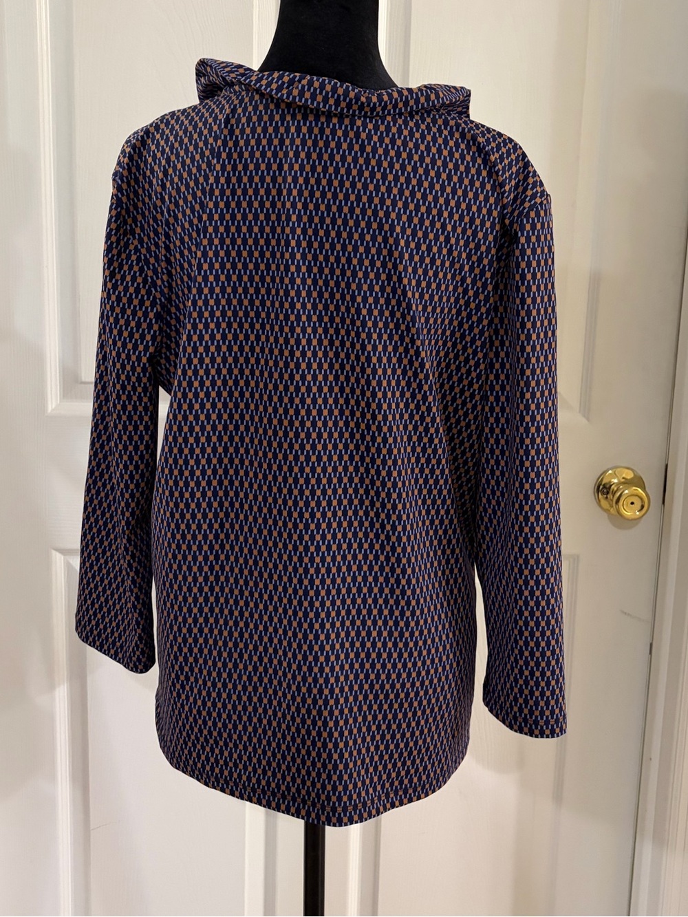 J. McLaughlin Durham ruffled top geometric navy brown Catalina cloth women’s XL - Picture 2 of 9